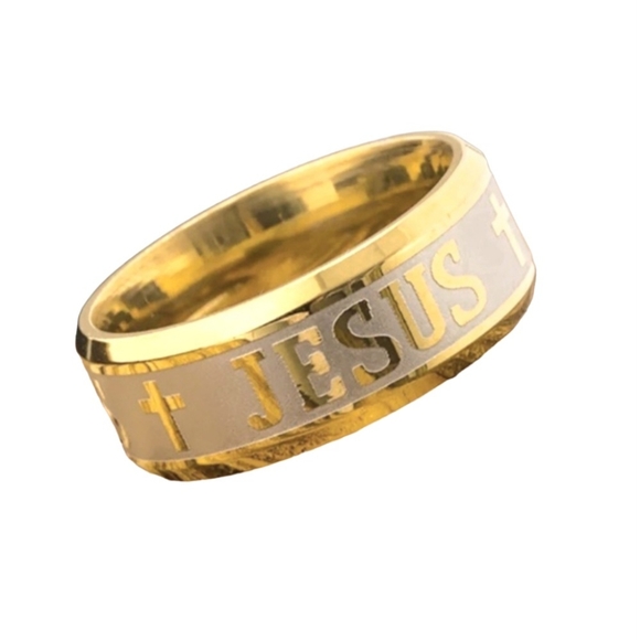 Gold Stainless Steel JESUS Insignia Emblem Embossed Engraved 8mm 8mm Band Ring - Picture 2 of 16